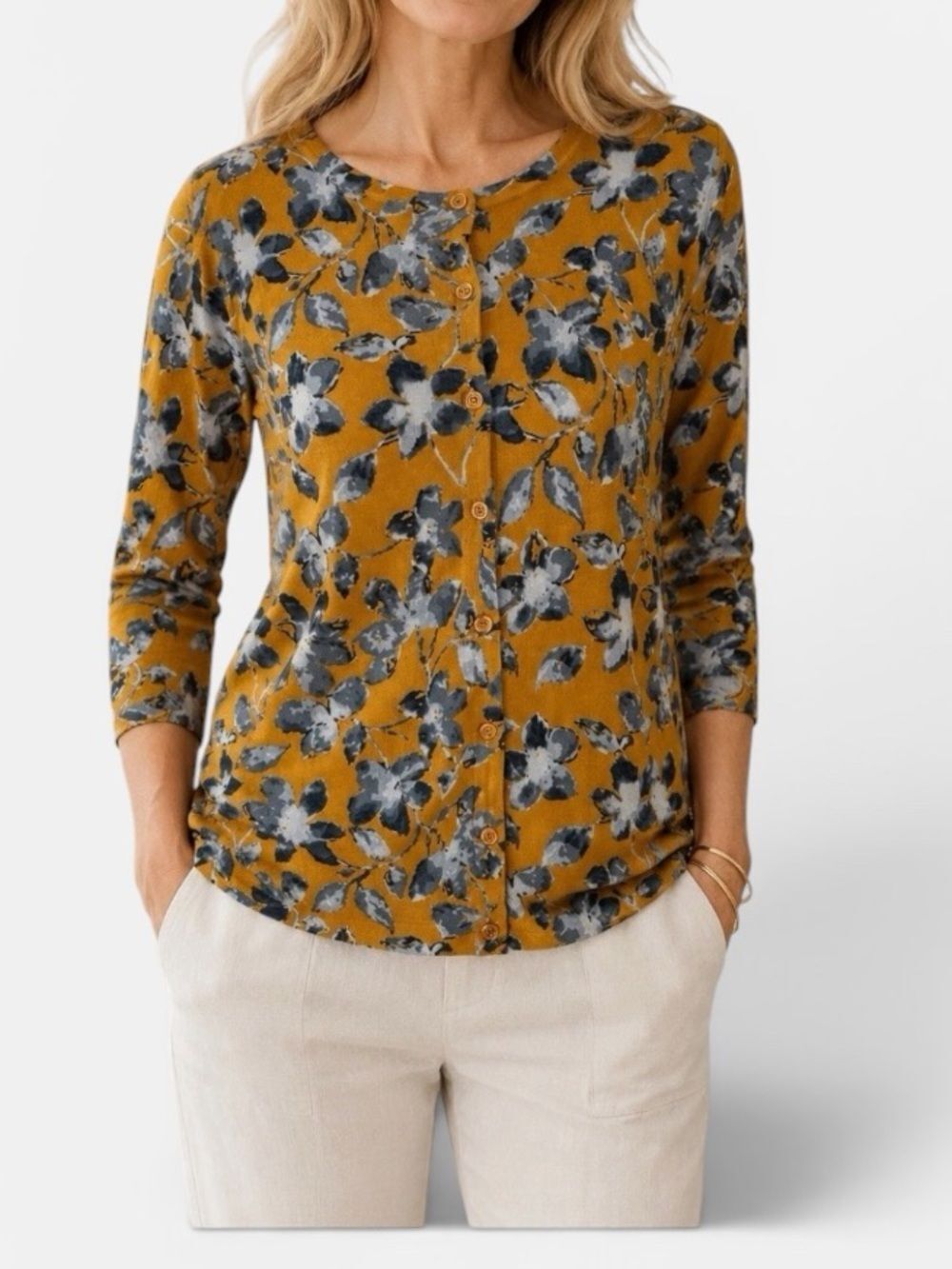 NWT Garnet Hill Eco Merino Wool Cardigan Sweater Mustard Gold  Floral L Slim